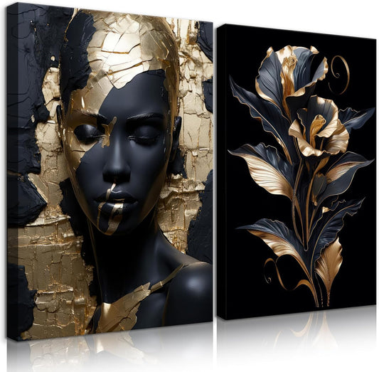 2 Pieces Black Gold African American Women Wall Art African American Wall Decor Gorgeous Woman Portrait Gold Flowers Painting Picture Prints for Bedroom Living Room Hallway Ready to Hang 12x16 Inch