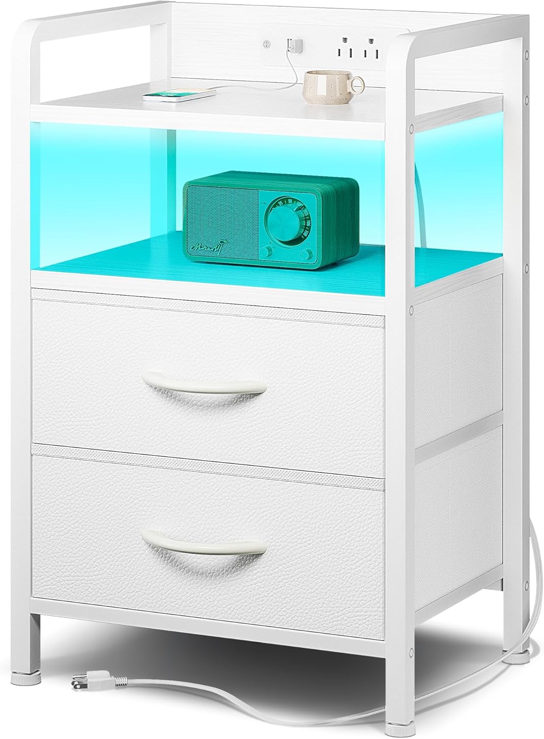 Night Stand Bedside Charger Bedroom - Nightstand with Charging Station & LED Light Strip, Night Stand with Storage Shelf & 2 Fabric Drawers, Morden End Table with U-S-B Ports & AC Outlets