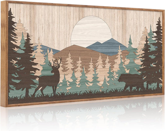 CHDITB Woodland Bear Moose Wild Animals Framed Wall Art(40"x20"), Retro Forest Mountain Sun Wildlife Artwork Painting, Adventure Hunting Themed Nature Landscape Posters Print for Nursery Baby Boy Room Bedroom