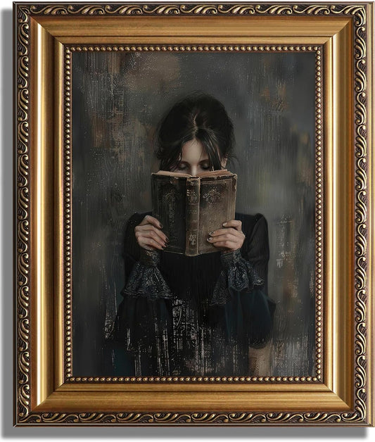 ASTRDECOR Gold Framed Canvas Wall Art Print, Victorian Woman Painting Picture, Vintage Portrait Oil Painting Wall Decor, Moody Reading Nook Painting for Bedroom Bathroom Wall Art, Dark Academia Decor 12''x16''