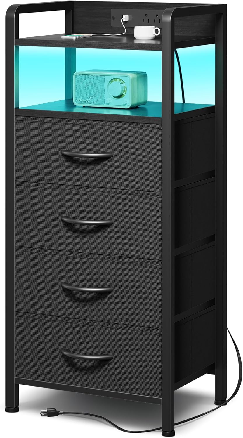 Night Stand Bedside Charger Bedroom - Nightstand with Charging Station & LED Light Strip, Night Stand with Storage Shelf & 2 Fabric Drawers, Morden End Table with U-S-B Ports & AC Outlets